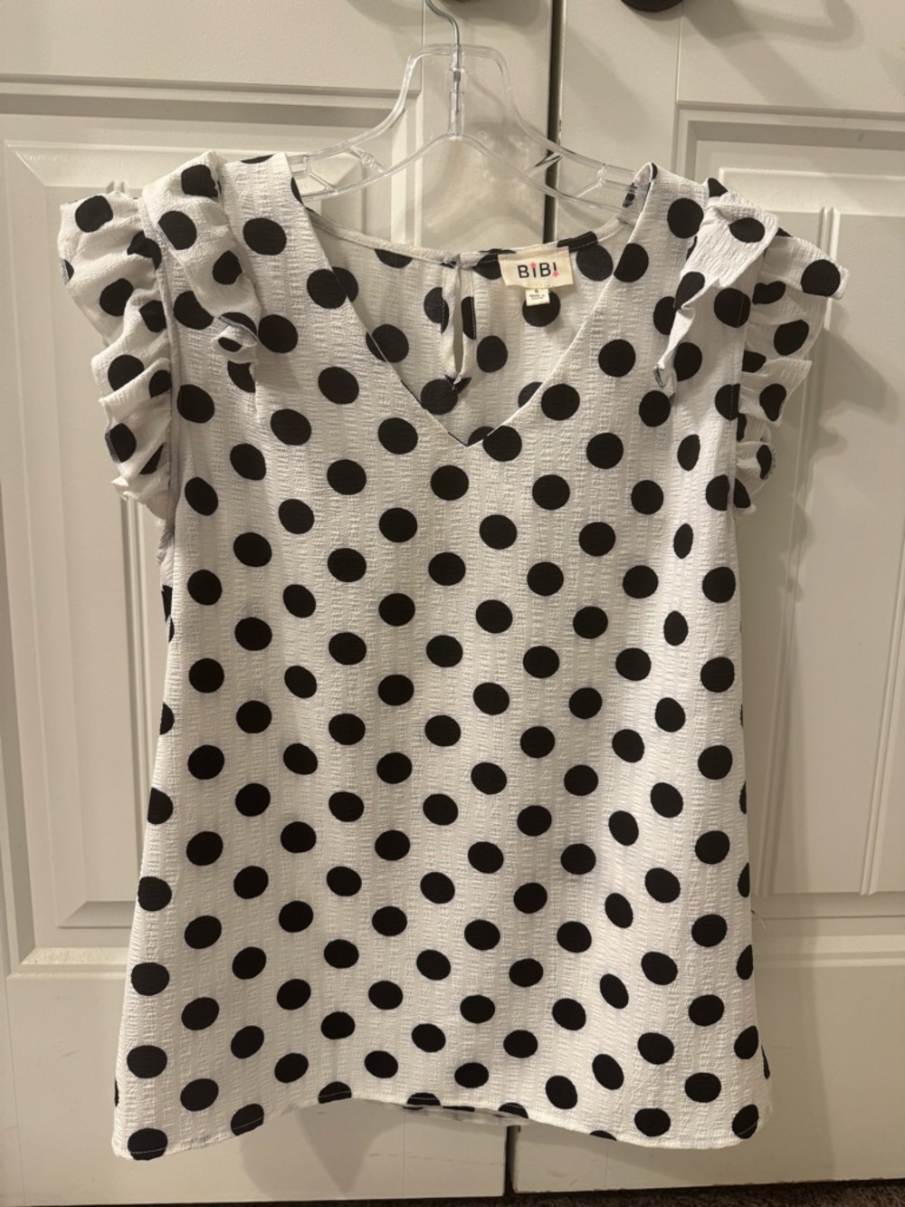 BiBi White Blouse with Black Polka Dots and Ruffle Sleeves